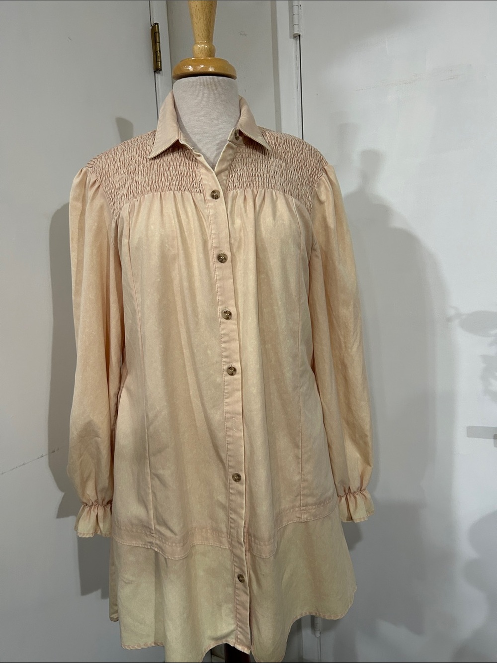 Smocked Yoke Long-Sleeve Button-Down Blouse in Light Cream